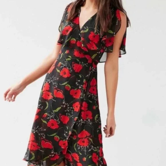 kimchi blue red dress NWT Kimchi Blue Sabrina Ruffle Red Floral Wrap Dress Urban Outfitters Size 6